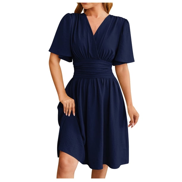 Vestido de mujer con cuello en V y mangas acampanadas - Color liso - Ajuste a la cintura - Vestido informal/de fiesta de poliéster - Para todas las estaciones