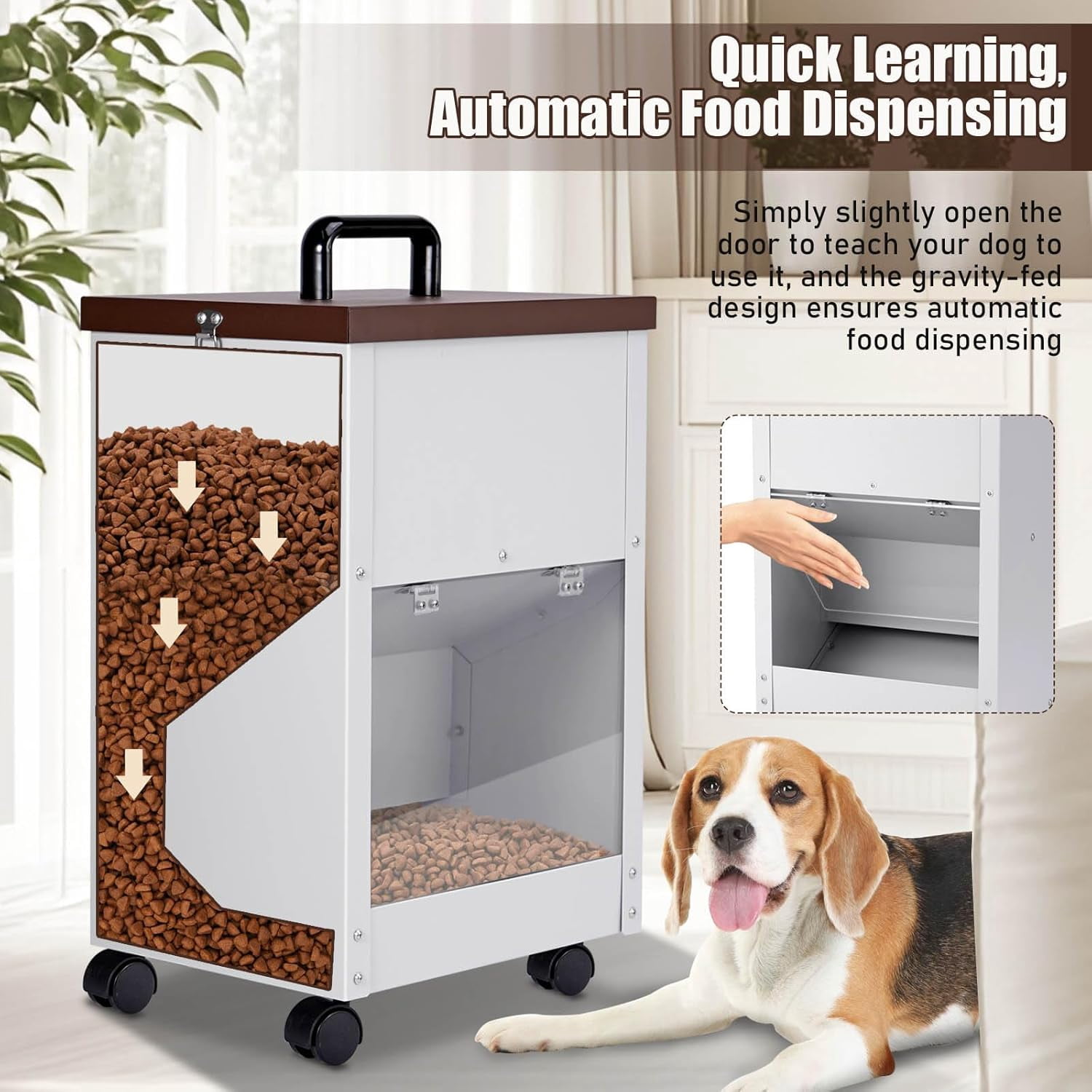 Outdoor Automatic Dog Feeder Large Breed 28 Lbs Capacity Galvanized Metal Self Feeding Dispenser with Clear Door Gravity Pet Feeder Wall Mountable Easy to Move with Wheels