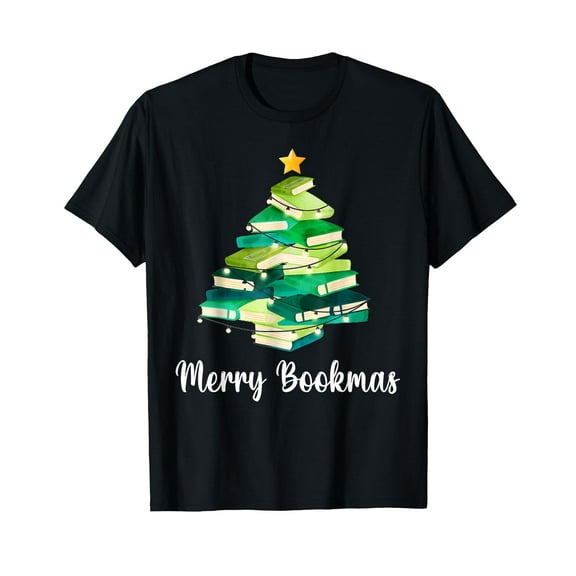 Merry Bookmas Books Pine Tree Funny Reading Lover Christmas T-Shirt,Women's short-sleeved T-shirt to celebrate the coming of Christmas