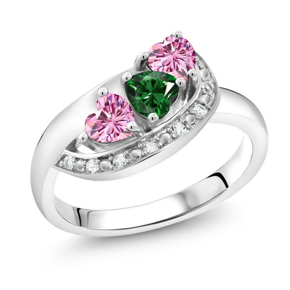 Gem Stone King 0.96 Cttw Green Nano Emerald and Pink Moissanite and White Created Sapphire Engagement Ring for Women | 925 Sterling Silver | Gemstone Birthstone | Heart Shape 4MM | Size 6