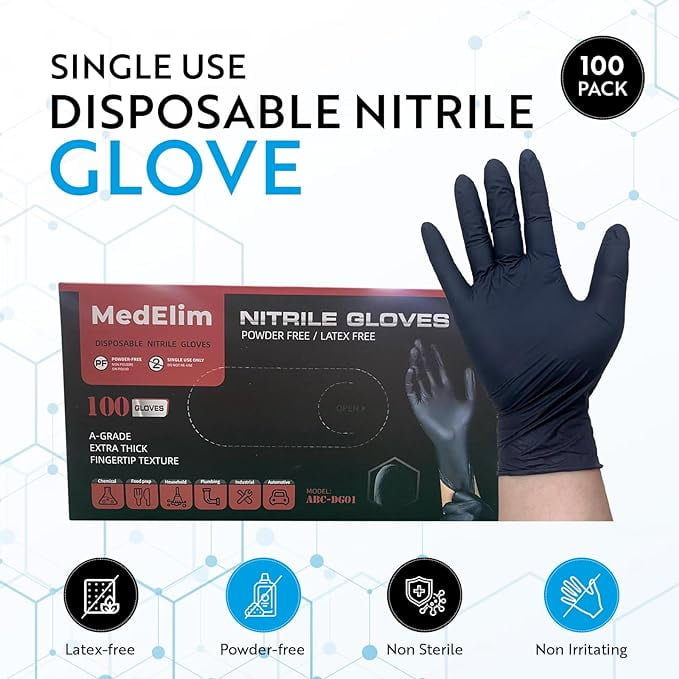 MEDELIM Disposable Nitrile Gloves: Latex & Powder-Free, Textured, Food-Safe, Black, Medium, 1000 Count