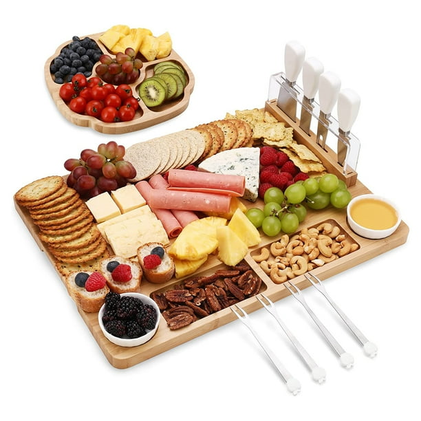 Hecef Bamboo Cheese Board and Knife Set, Large Charcuterie Serving Tray