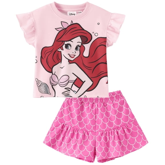 Disney Princess Girls Ariel Graphic Crop Tee and Mermaid Dress-Style Shorts Summer Pink Outfit Set Baby Toddlers 2T