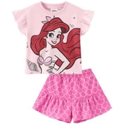 Disney Princess Girls Ariel Graphic Crop Tee and Mermaid Dress-Style Shorts Summer Pink Outfit Set Baby Toddlers 2T