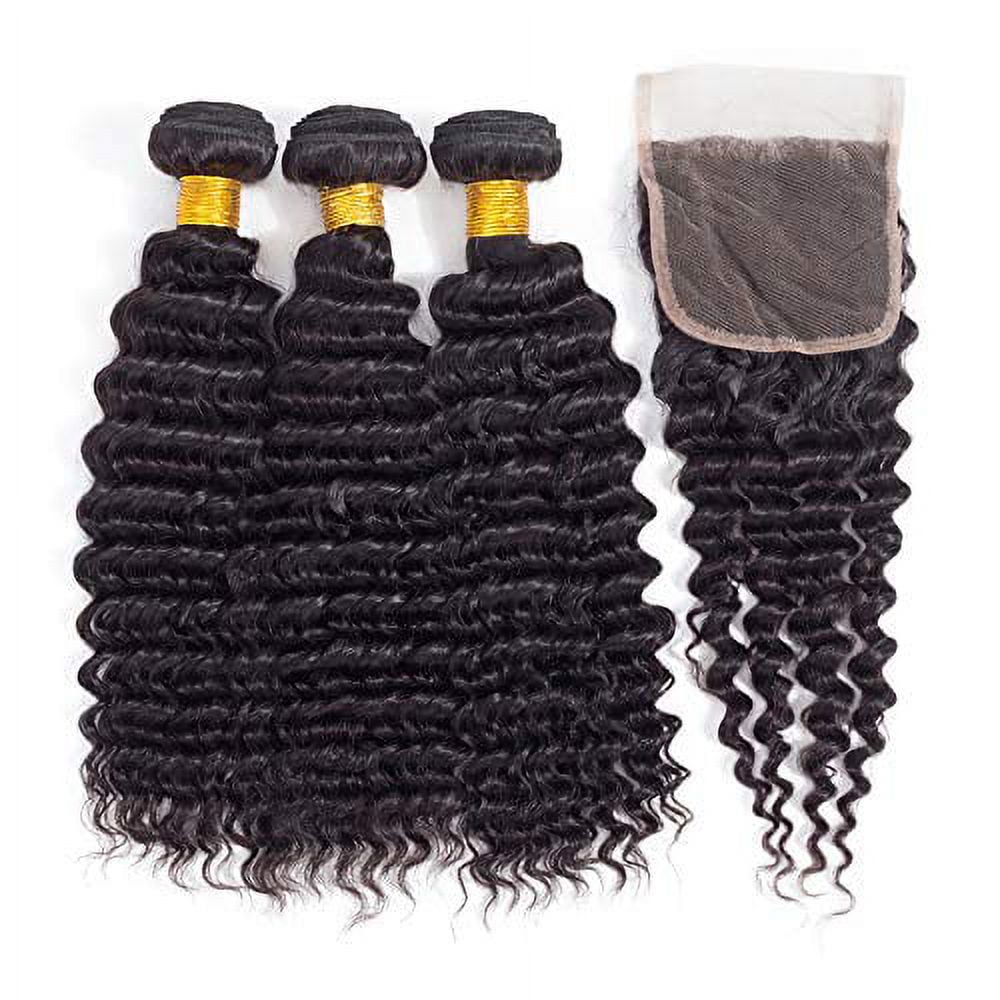 Brazilian Deep Wave 3 Bundles with Closure - Virgin Hair Deep Wave Human Hair Deep Curly Bundles with Lace Closure (22 closure+24 26 28)