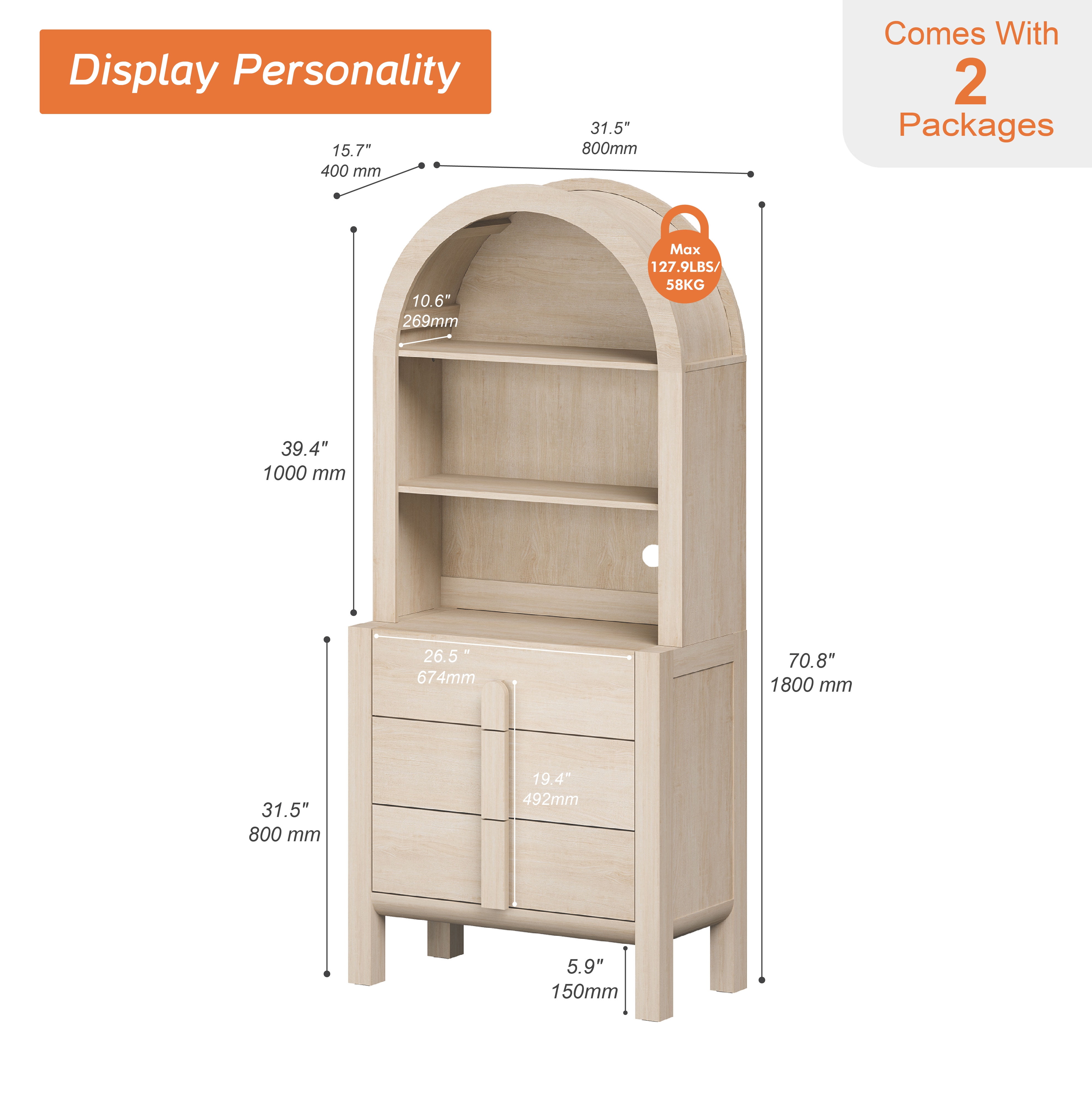 31.5"W Arched Kitchen Hutch Sideboard, Mid-Century Modern Wooden Buffet Hutch Cabinet with 3 Drawerrs And 3 Tier Shelves