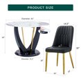 thumbnail image 4 of Table and chair set. A 42 Inch Diameter Round Tempered Glass Pandora marble patterned Dining Table - V-Shaped MDF Legs. Paired With 4 Black PU Chairs with Simple Line Designs On The Backrest., 4 of 6