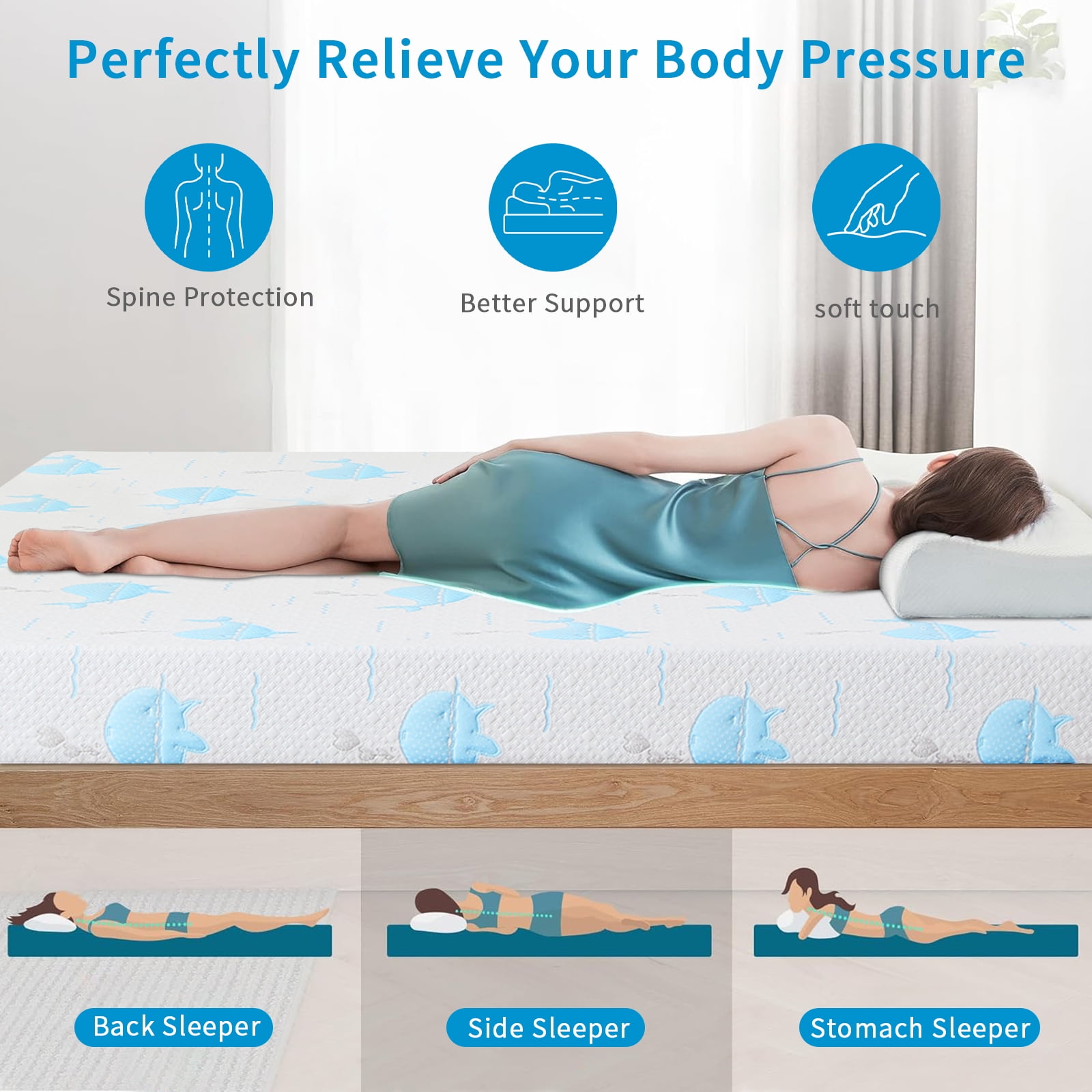 6 Inch Twin Mattress for Kids, Removable Washable Cover with Whales Pattern Cooling Memory Foam Medium Feel, Bed-in-a-Box, CertiPUR-US Certified, Twin, White/Blue