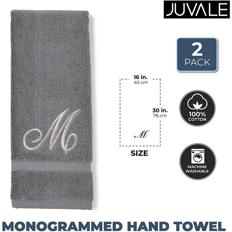Monogrammed Hand Towel, Personalized Gift, 16 x 30 Inches - Set of 2 -  Silver Embroidered Towel - Extra Absorbent 100% Turkish Cotton- Soft Terry