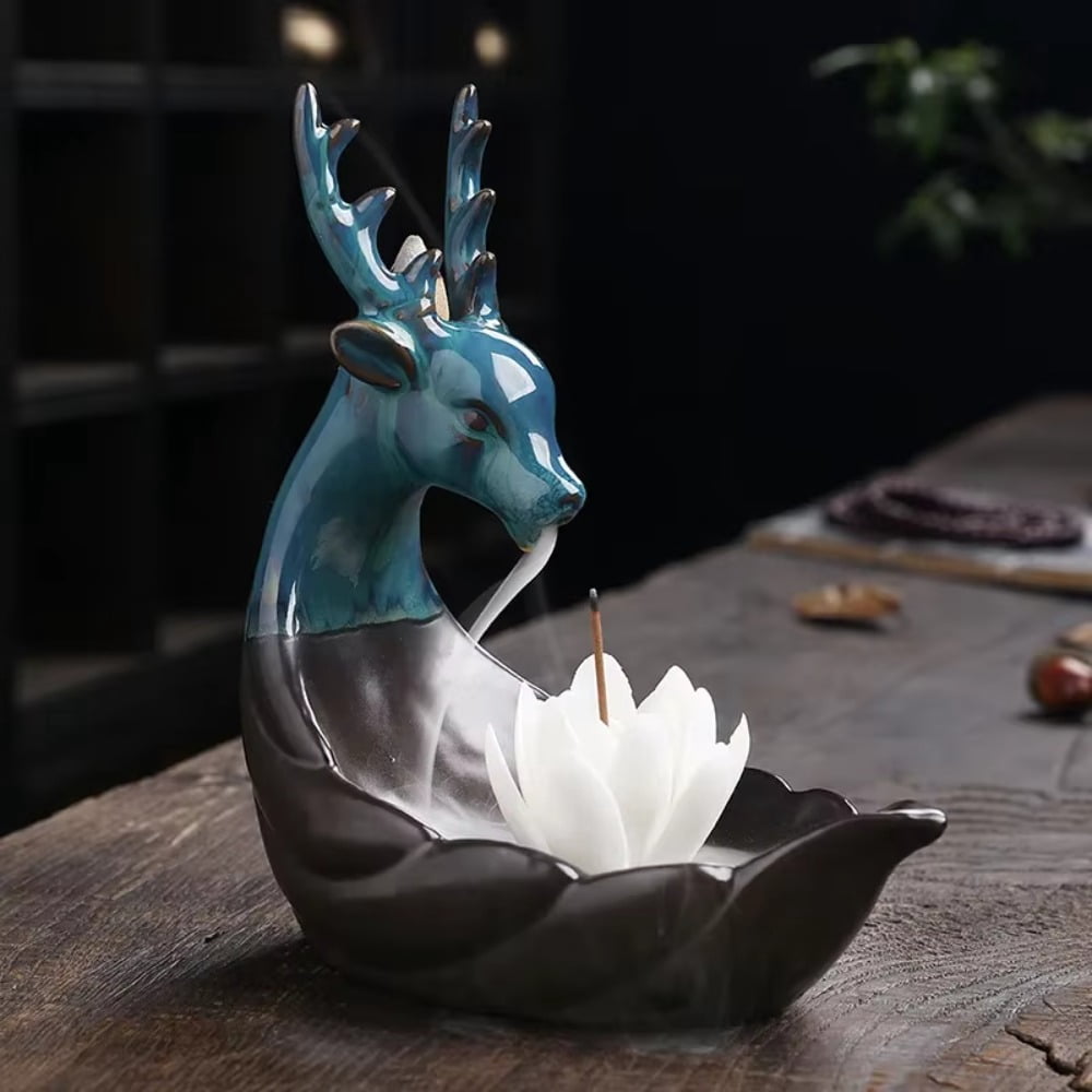 1pc Cute Deer Ceramic Lotus Incense Holder, Lucky Mascot & Aromatherapy Decor (Without Incense)