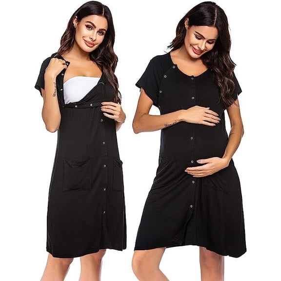 KISSGAL 3 in 1 Nursing Dress Maternity Nightgown Labor/Delivery Breastfeeding Birthing Gown with Button