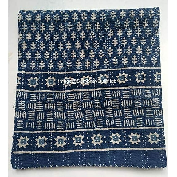 Sambhav Quilt Hub Indian Blue Handblocked Cotton Quilt, Twin