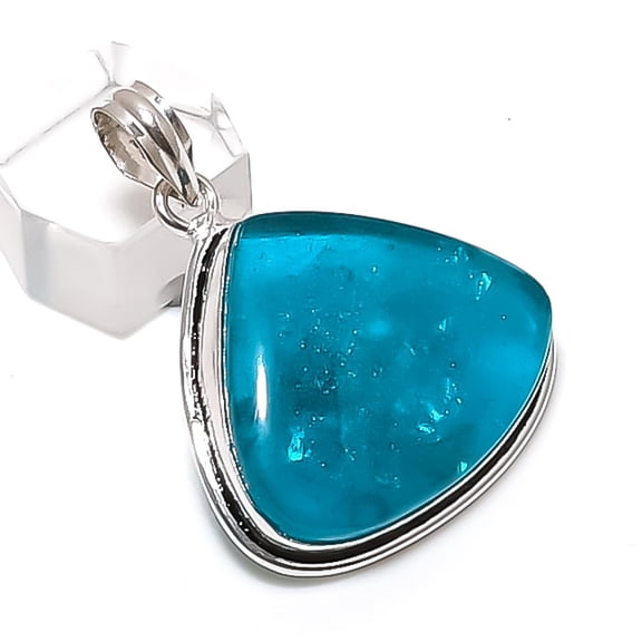 Natural Blue Amber Gemstone 925 Sterling Silver Jewelry Pendant 1.77"