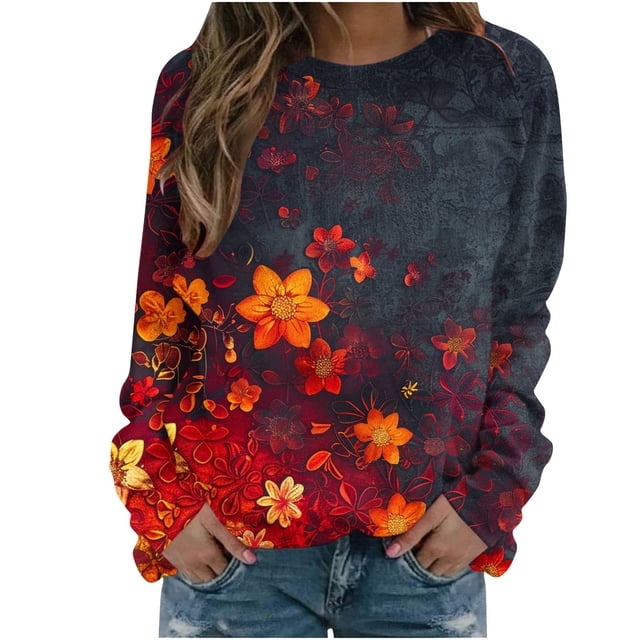 KIHOUT Chandails pour Femmes en Liquidation, Blouses à Manches Longues Col Rond Imprimé Floral Ample Automne Hiver, Tailles P-2TG