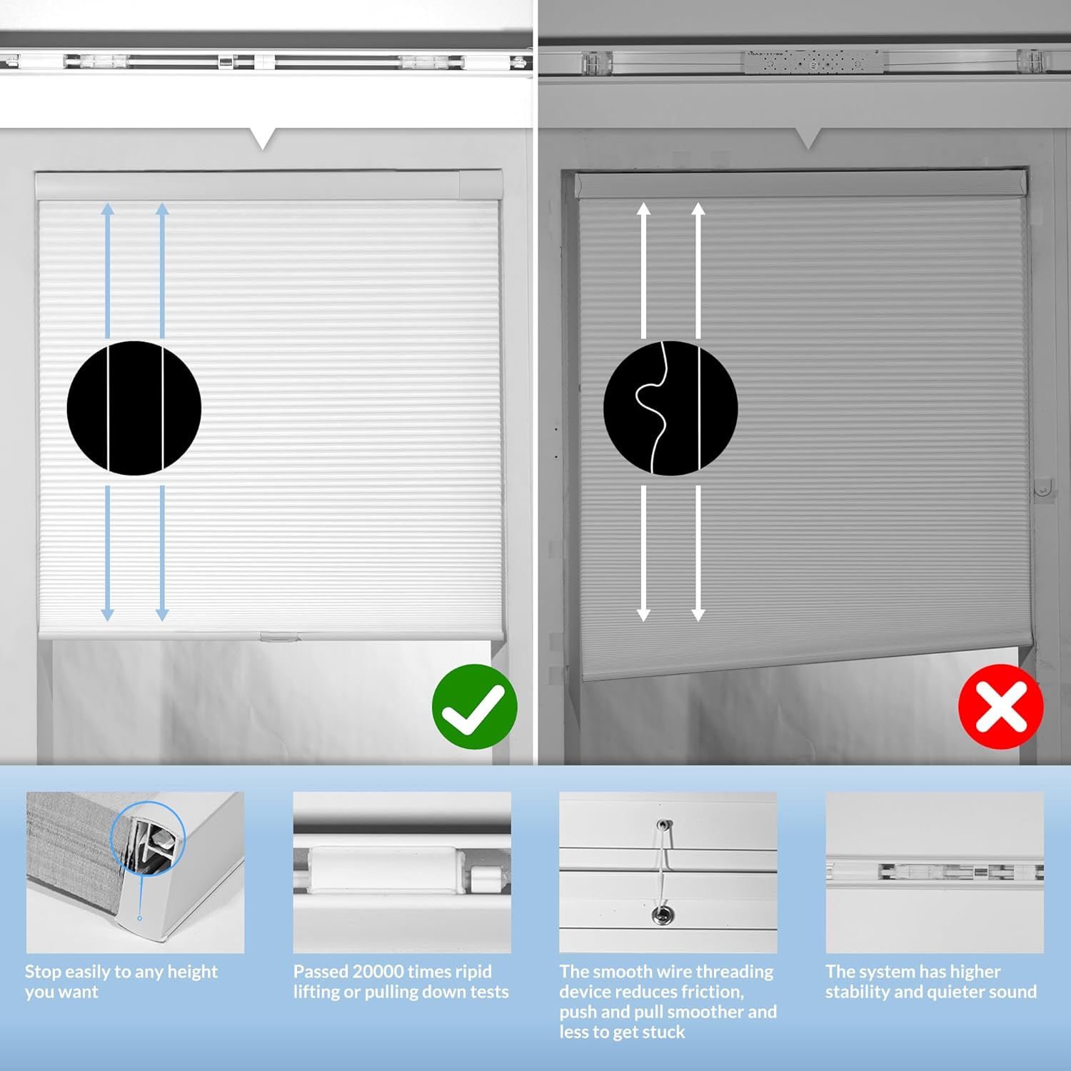 Boolegon No Drill Blinds for Windows Half Blackout Cellular Shades Cordless No Tools Honeycomb Pull Down Easy Install Cellular Blinds for Door, Home, Light Gray, 22.5" W x 82" H