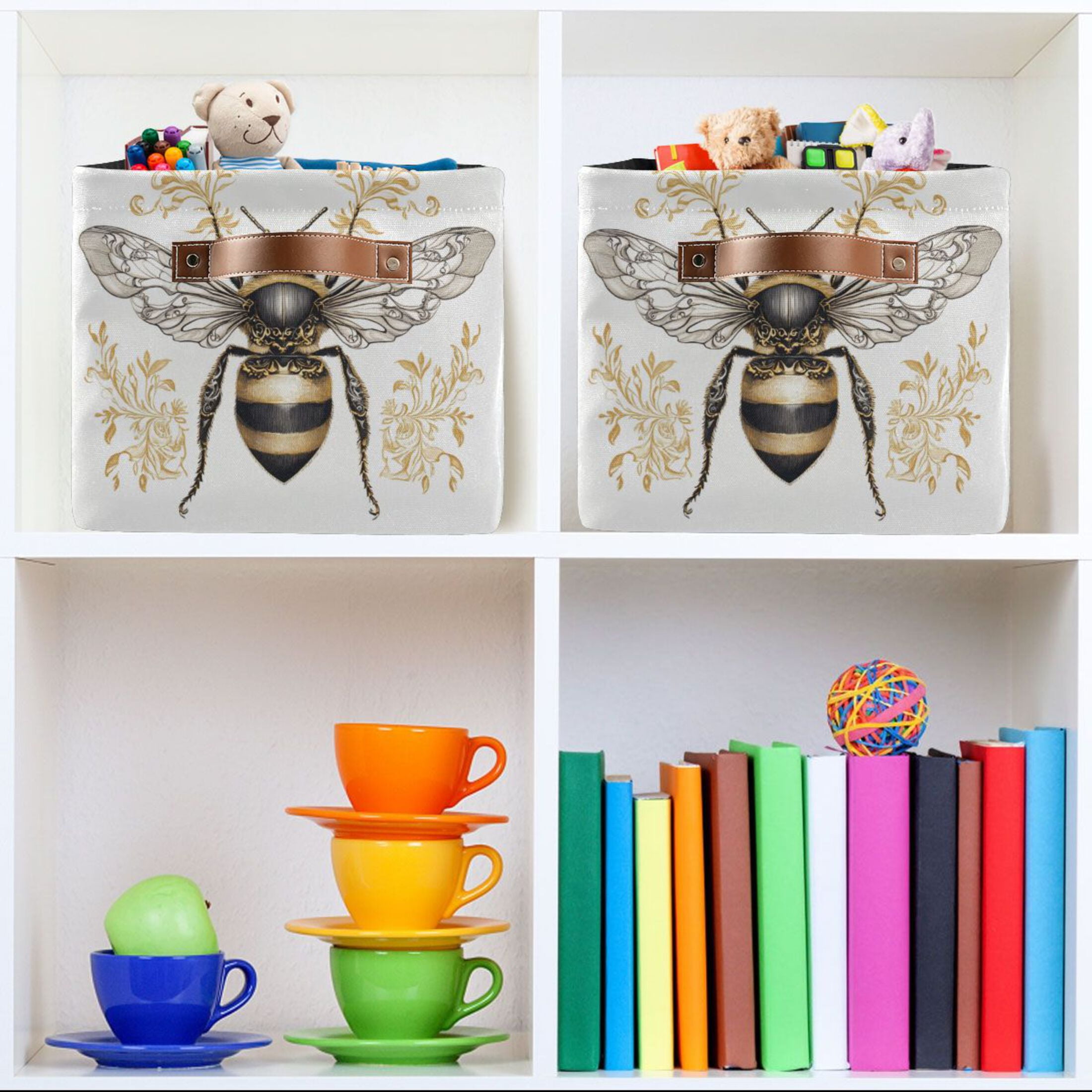 Bee with Ornate Patterns Foldable Storage Basket,Canvas Fabric Foldable Storage Bins with Handles Open Home Storage Bins Boxes for Toy Book Shelf Closet Baskets