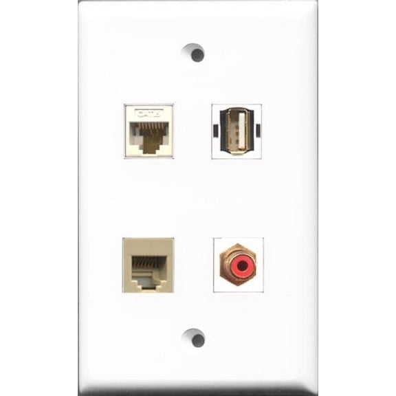 RiteAV 1 Port RCA Red and 1 Port USB A-A and 1 Port Phone RJ11 RJ12 Beige and 1 Port Cat6 Ethernet White Wall Plate