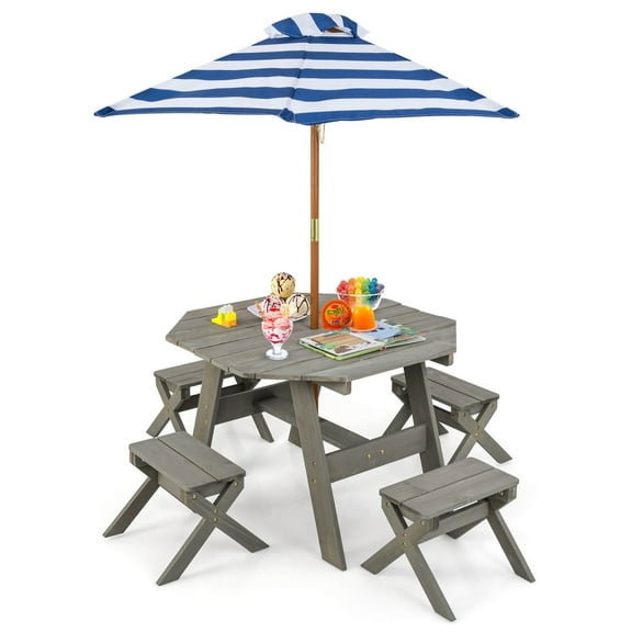 Costway Kids Wooden Table Set with Octagon Table 4 Stools & Removable Adjustable Umbrella Grey