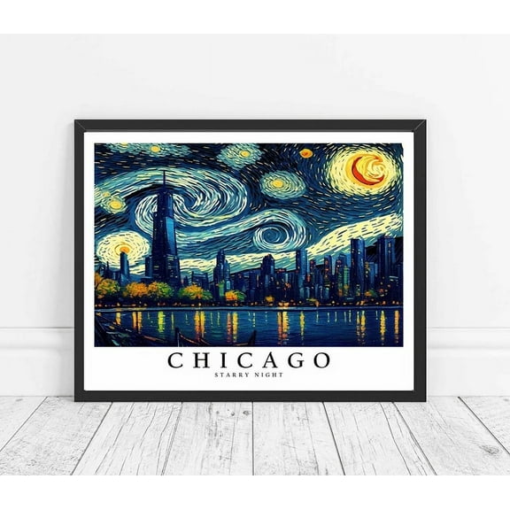 Chicago City Starry Night Art Print Poster Wall Art Painting NO FRAMED POSTER Home Decor, Vintage Art Print, Haging Poster, Cute Birthday Gift, Wall Art