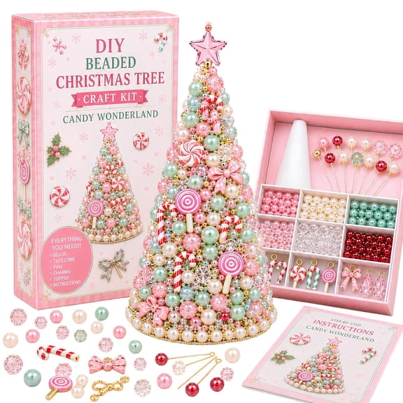 DIY Beaded Christmas Tree Craft Kit, 3D Crystal Bead Holiday Craft Set with Colorful Beads Ornaments & Angel Tree Topper for Tabletop Home Decor Christmas Gift