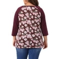 thumbnail image 3 of Agnes Orinda Women's Plus Size 3/4 Raglan Sleeve Floral Contrast Color Blouse 1X Burgundy, 3 of 6