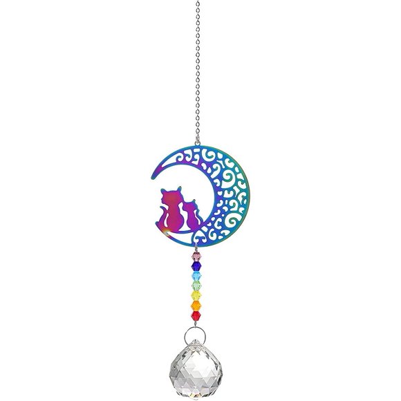 ERDS-Hanging Crystals Suncatcher Ornament with Chakra Beads Moon Cat Crystal Ball Prism Pendant Rainbow Maker for Home Decor Protection
