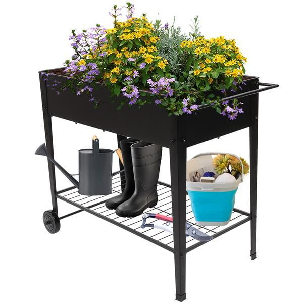 Black Metal Raised Garden Bed Cart with Wheels and Storage Shelf