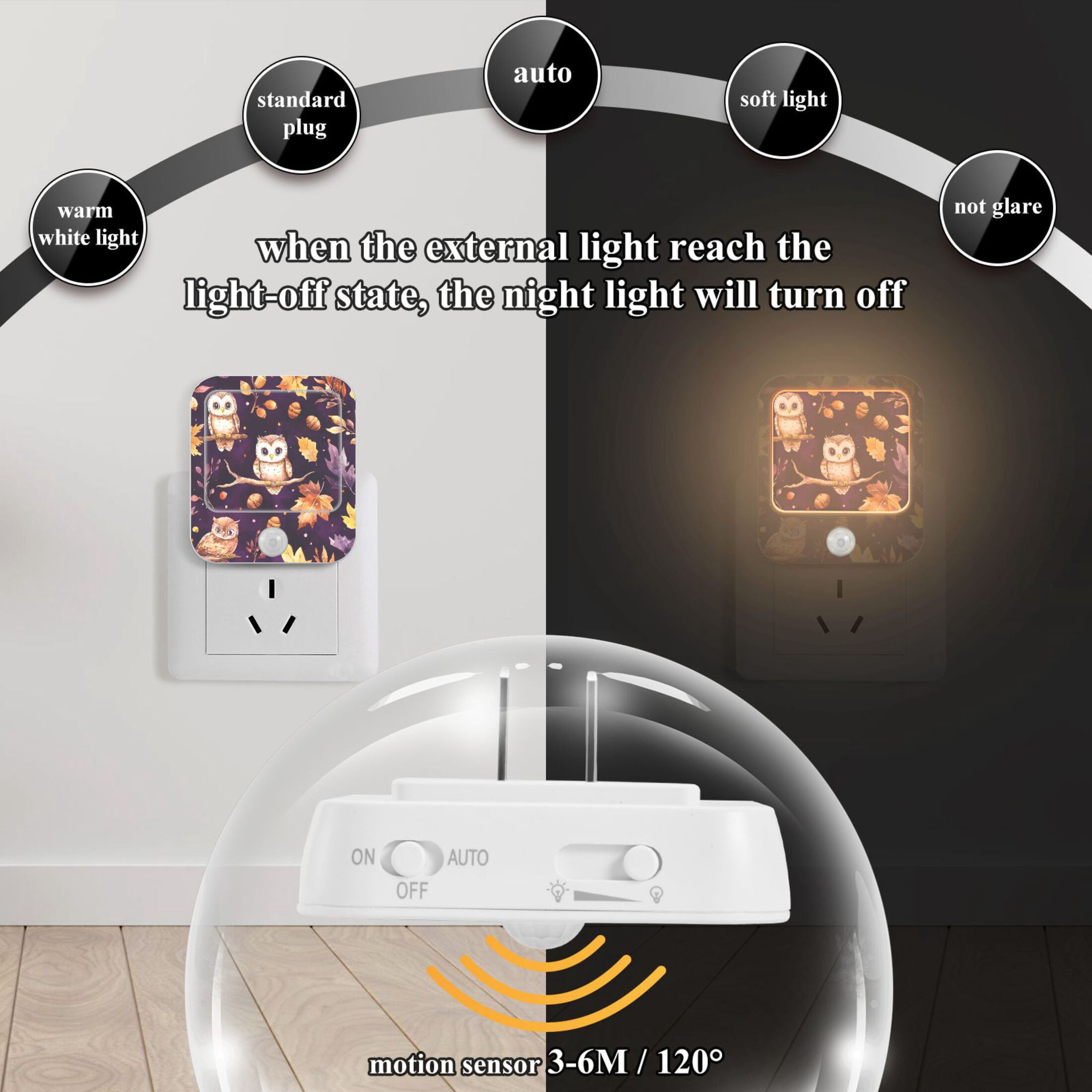 WOBOGO Adorable Baby Owls and Acorns Pattern Night Light Lamp with Smart Sensor Dusk to Dawn Sensor 0.6W Plug-in 2-Pack