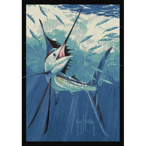 Milliken Blue Nautical Spear Fish Area Rug Strike Zone - Aprx 3' 10" x 5' 4"