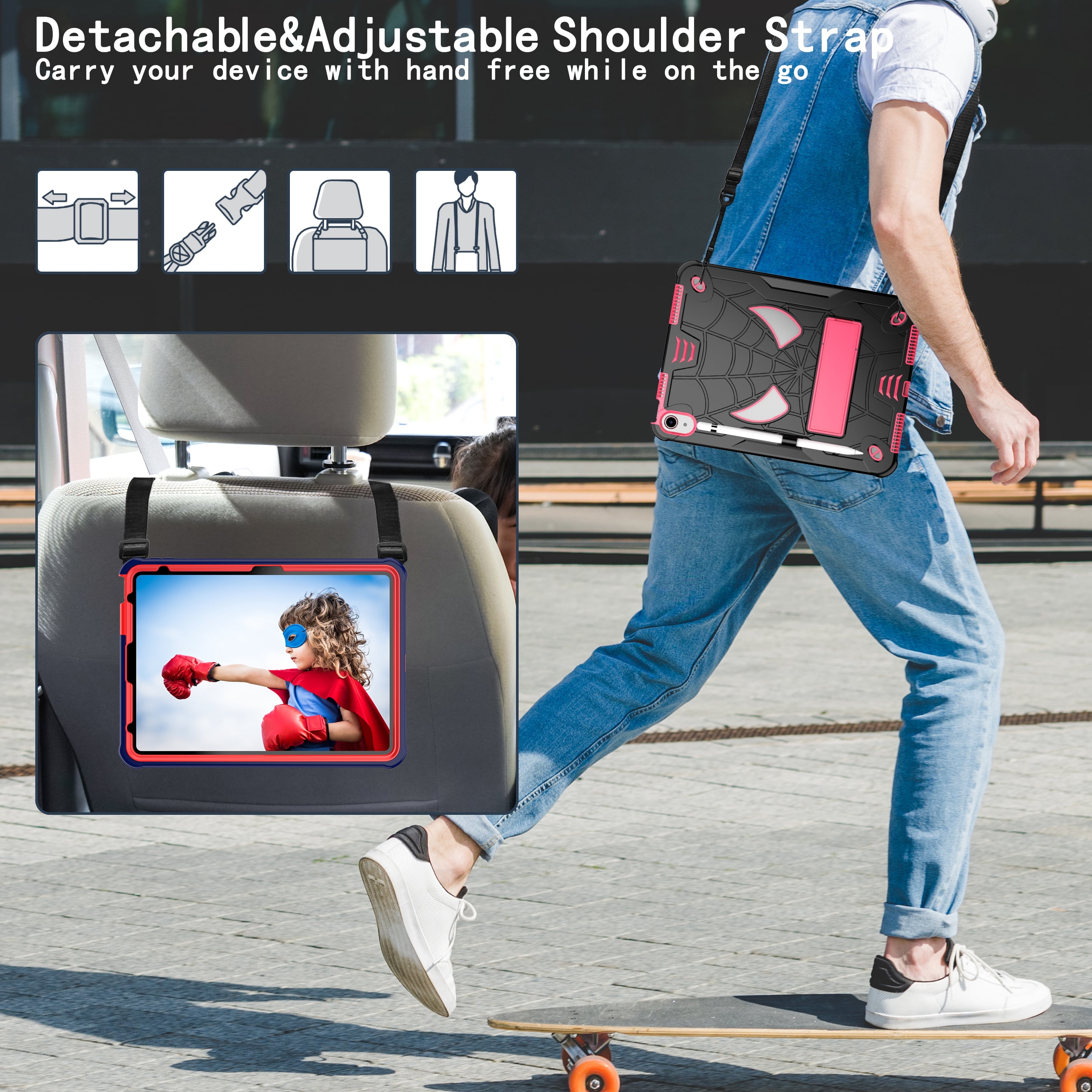 Rugged Shockproof Protective Case for Apple iPad A16 11th Gen 11" 2025 & iPad 10th Gen 10.9" - Heavy Duty 3-Layer Armor, Built-in Kickstand, Shoulder Strap, Pencil Holder, Shock Absorption,Black+Rose