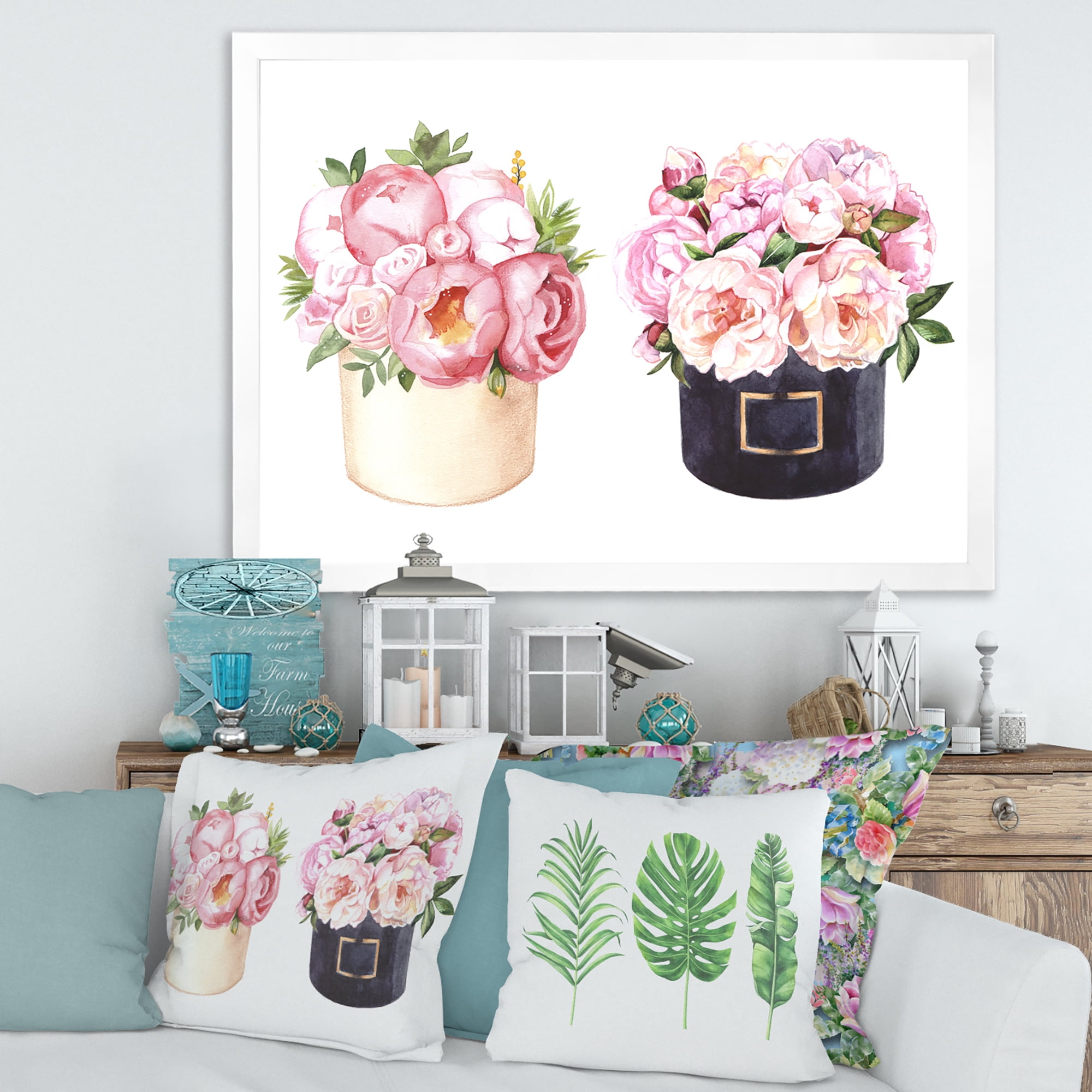 Designart 'Peonies and Rose With Flower Box' Farmhouse Framed Art Print