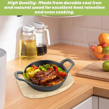 4 Sets Small Cast Iron Skillet, 6 Inch Cast Iron Skillet with Wooden Base, Small Bowl Round Pan Fajita Plate Pot for Baking Cooking