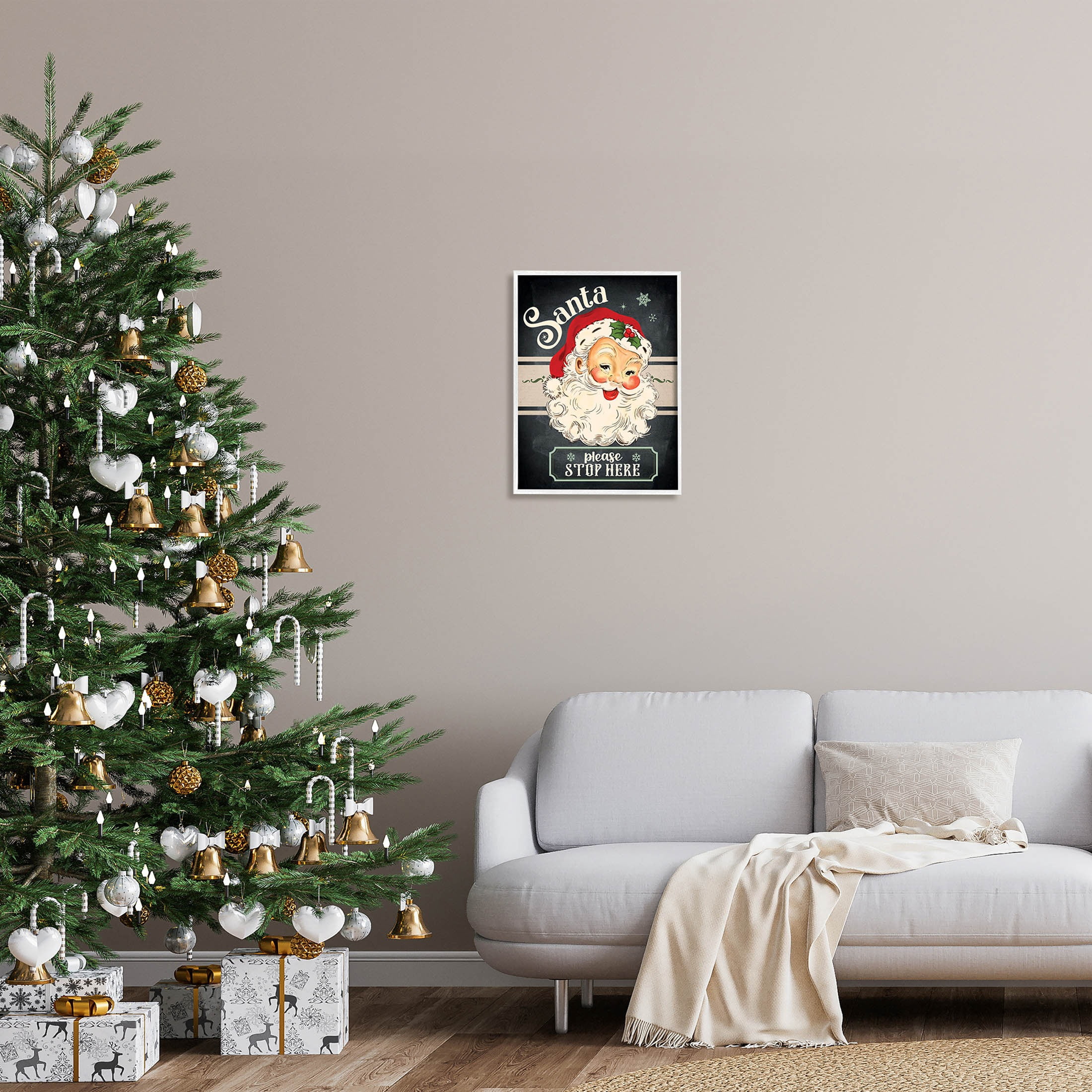 Santa Please Stop Here Vintage Smiling Holiday Graphic Art White Framed Art Print Wall Art