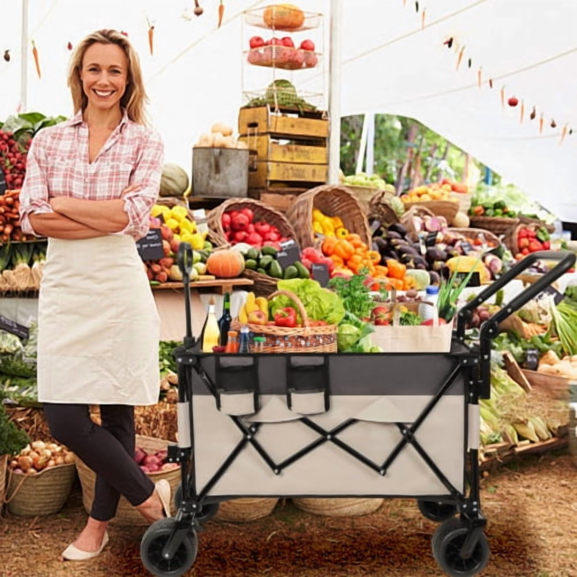 Multi-Functional Push-Pull Folding Wagon Cart with Rotating Handle & 360° All-Terrain Wheels – Heavy-Duty, Adjustable Design, Large Capacity for Transport, Groceries, and Outdoor Use, Khaki- Gray
