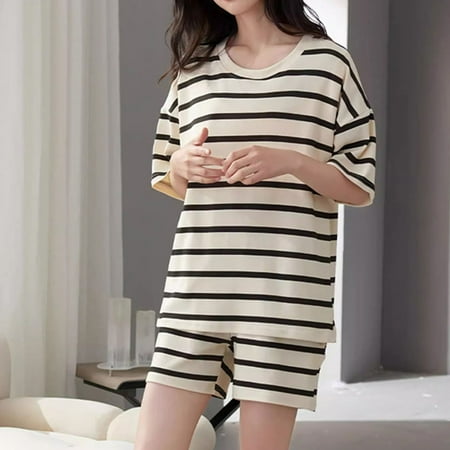 SYMOID Womens Striped Polyester Short Sleeve Crew Neck Pull - On Pajama Sets with Elastic Pants Black Size XL