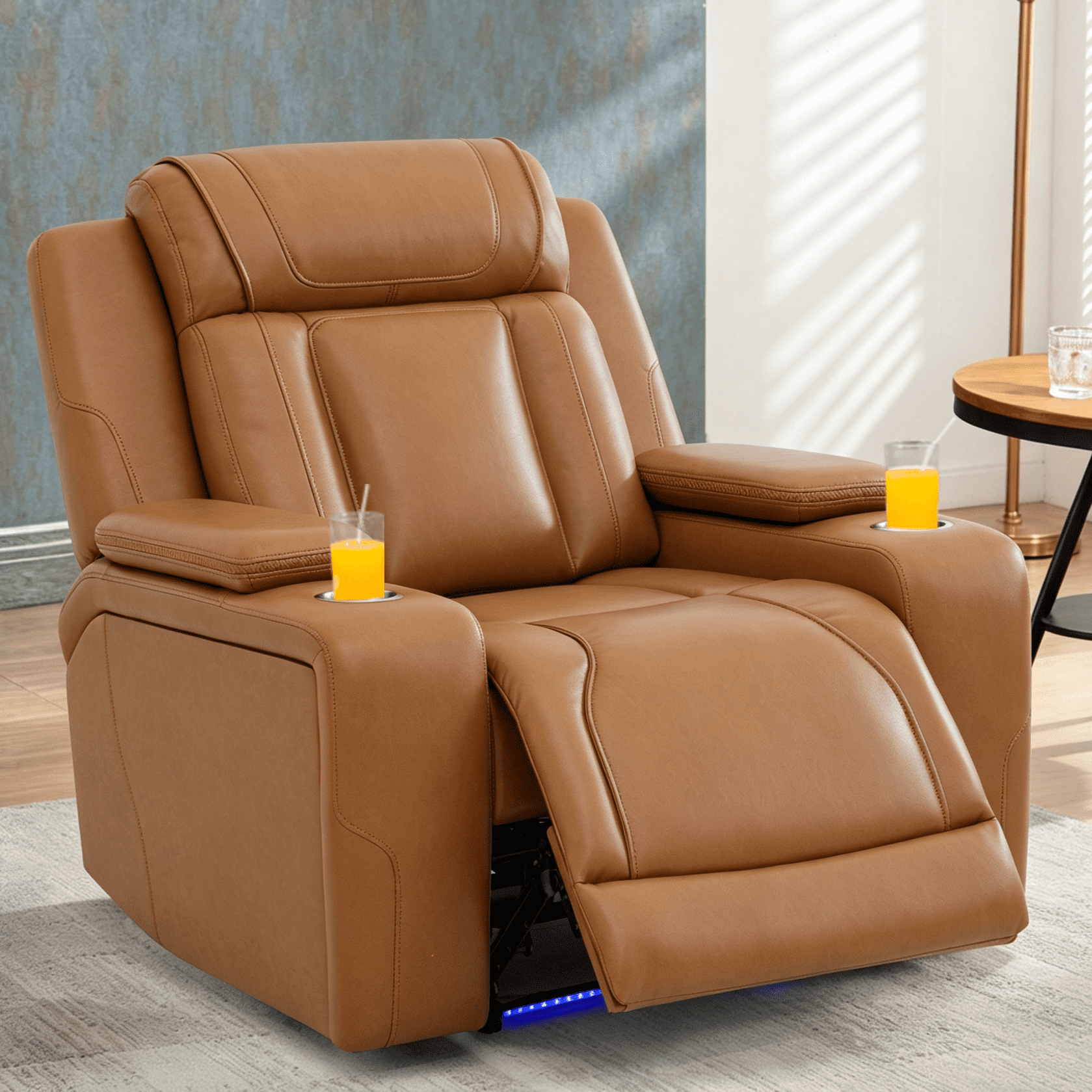 Gewnee Power Recliner Chair, Adjustable Reclining Lounge Chair with USB Ports, LED Lights & Cup Holders, Air Leather Upholstered Single Sofa Recliner for Living Room, Office, Orange Yellow