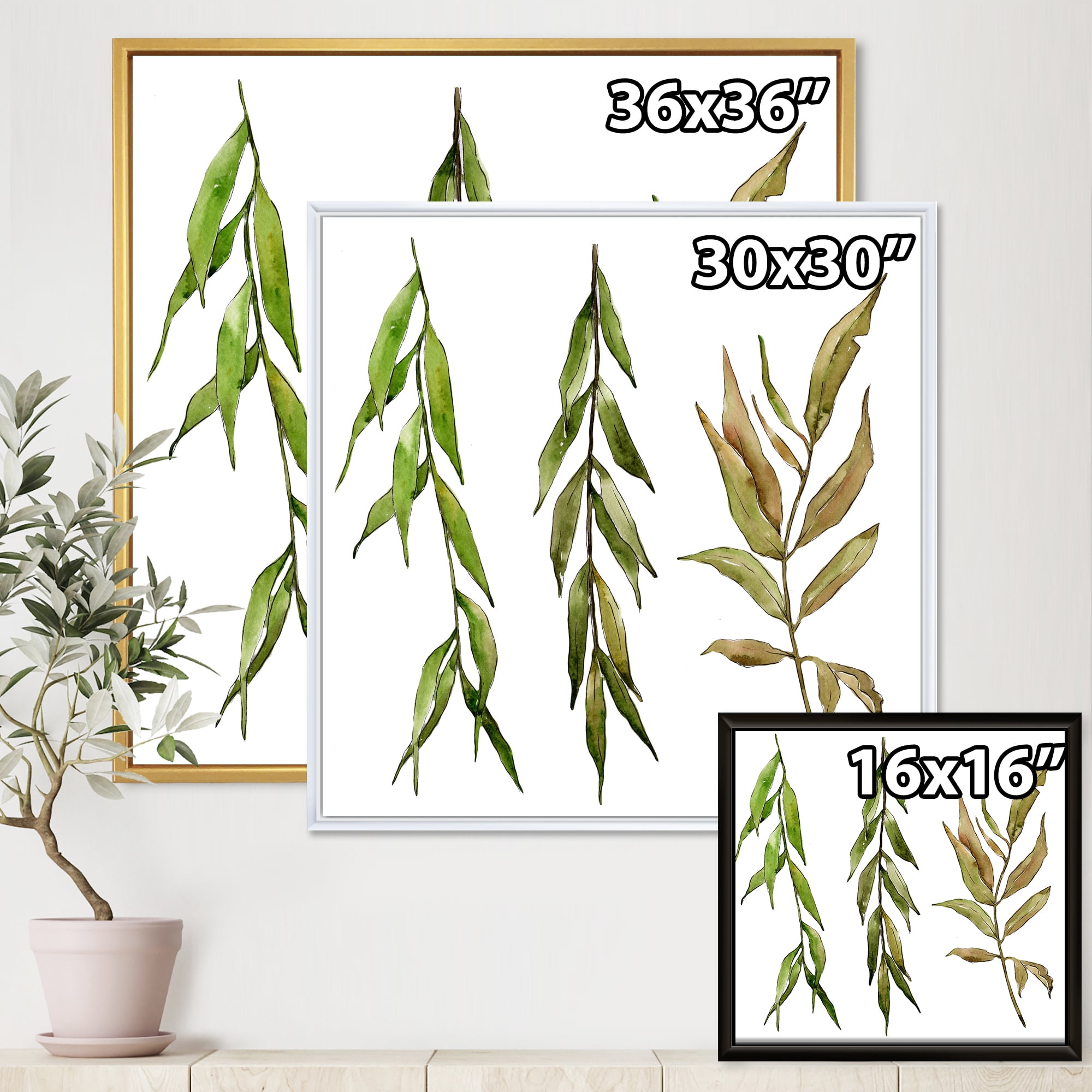 Designart 'Three Willow Branches On White' Farmhouse Framed Canvas Wall Art Print