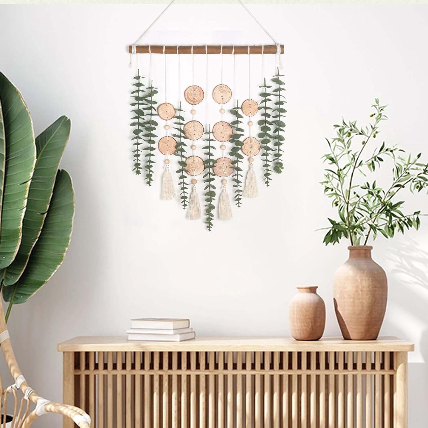 Artificial Eucalyptus Boho Wall Decor Aesthetic Greenery Boho Chic Wall Hanging Decor Greenery Leaves Stems Hanging Plants with Wooden Stick for Rustic Farmhouse Home/Office Decor