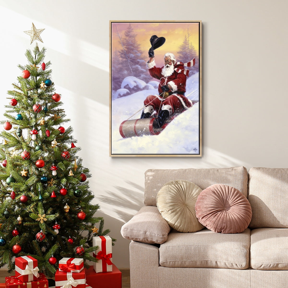 Here Comes Santa - Framed Gallery Wrapped Holiday Canvas - 17 x 25 - Natural Wood Frame