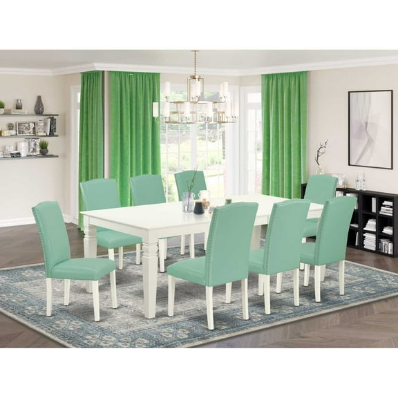 East West Furniture Logan 9-piece Wood Dining Set in Linen White/Pond