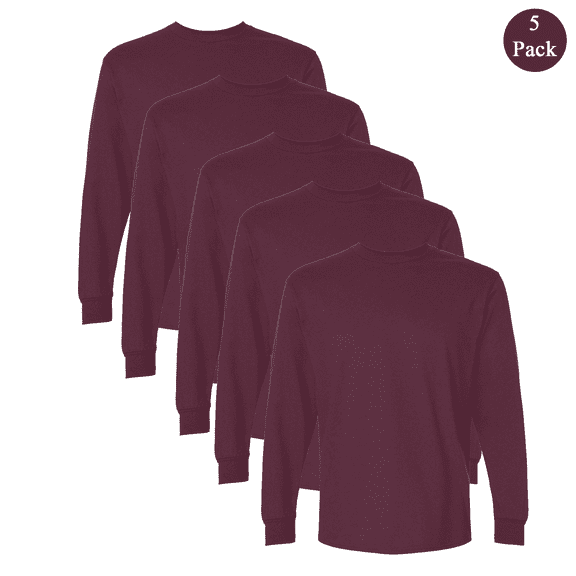 Gildan Men's Ultra Cotton Long Sleeve T-Shirt, 5-Pack, Crew Neck Maroon Color Casual Bulk Tee, S