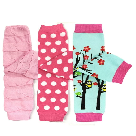 Wrapables® Baby 3-Pair Fun and Playtime Leg Warmers, Pink Dots and Ruching, Owls