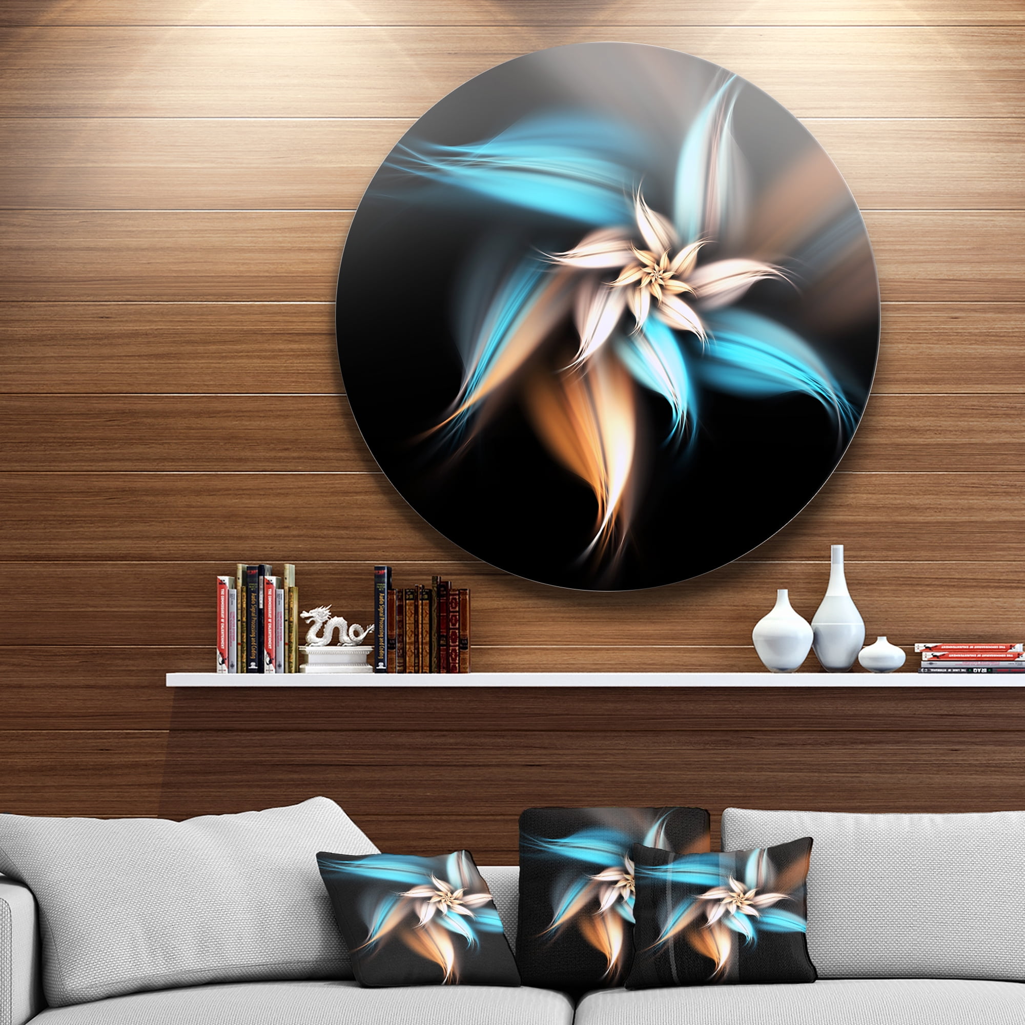 Designart 'Blue Brown Digital Art Fractal Flower' Floral Metal Circle Wall Art