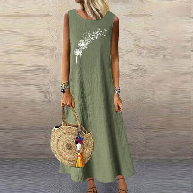 Meichang Robes d'Été Décontractées Sans Manches pour Femmes, Amples, en Coton et Lin, Robes Maxi, Imprimé Pissenlit, Col Rond, Robes Fluides Coupe Ample, Longues Robes Soleil Décontractées, Vert Armée, TG