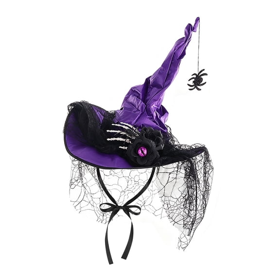 Witch Hat Purple Ruched Design with Lace Veil and Hanging Accent for Halloween Party Themed Events Accessory