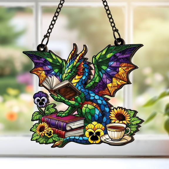 Lotusprinthandmade Dragon And Books Custom Shape Window Hanging Suncatcher 3.5in, Fantasy Reader Decor