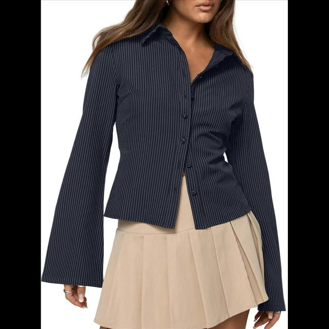 Camisas de Mujer con Botones, Larga A Rayas, Cuello, Blusas Informales de Trabajo, Conjuntos Modernos Azul Marino S