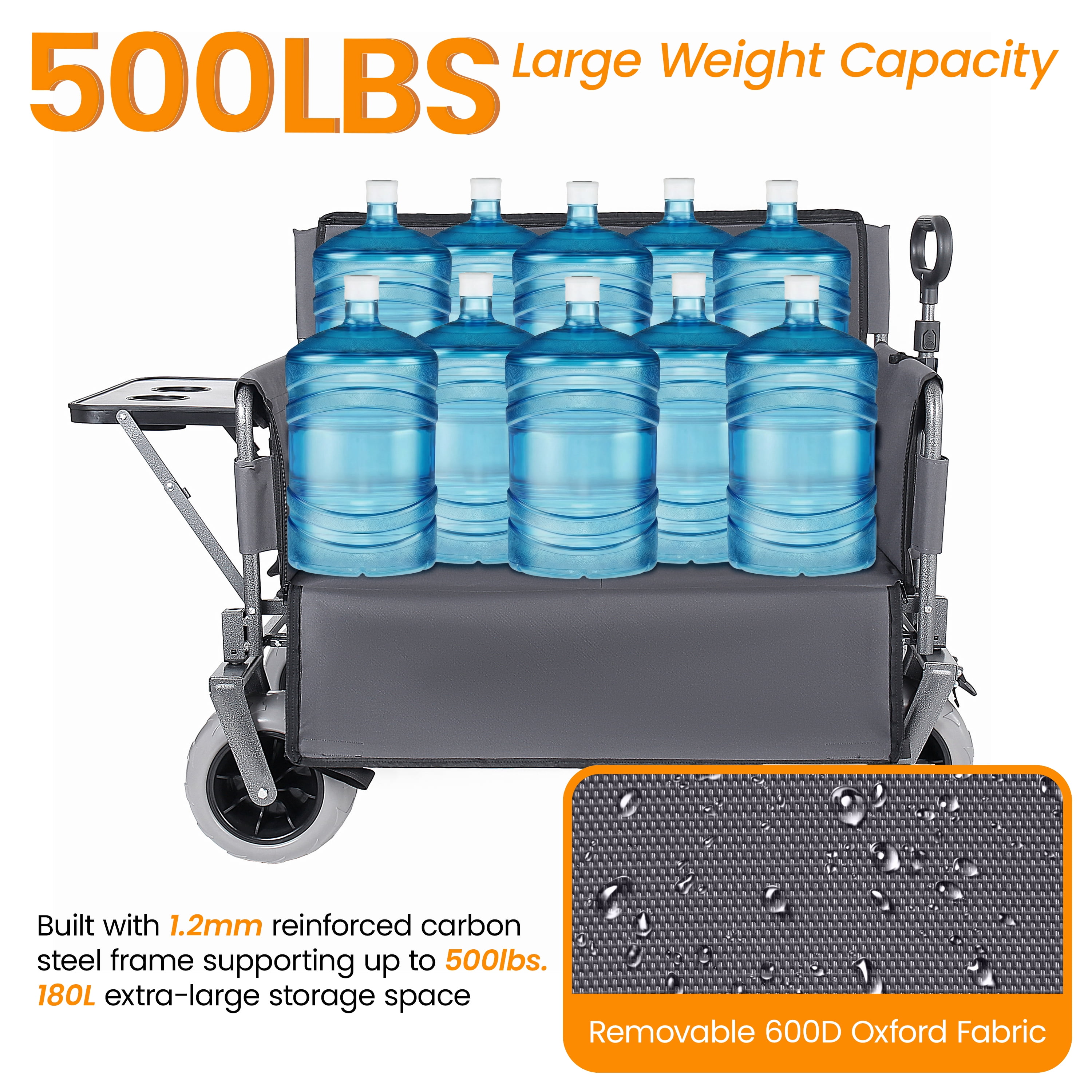 3-in-1 Collapsible Folding Wagon Cart Gray, Convertible Bench with Rear Folding Tabletop & Cup Holders, 180L Large Capacity, 360°Swivel All-Terrain Wheels for Camping, Beach, Garden, Fishing