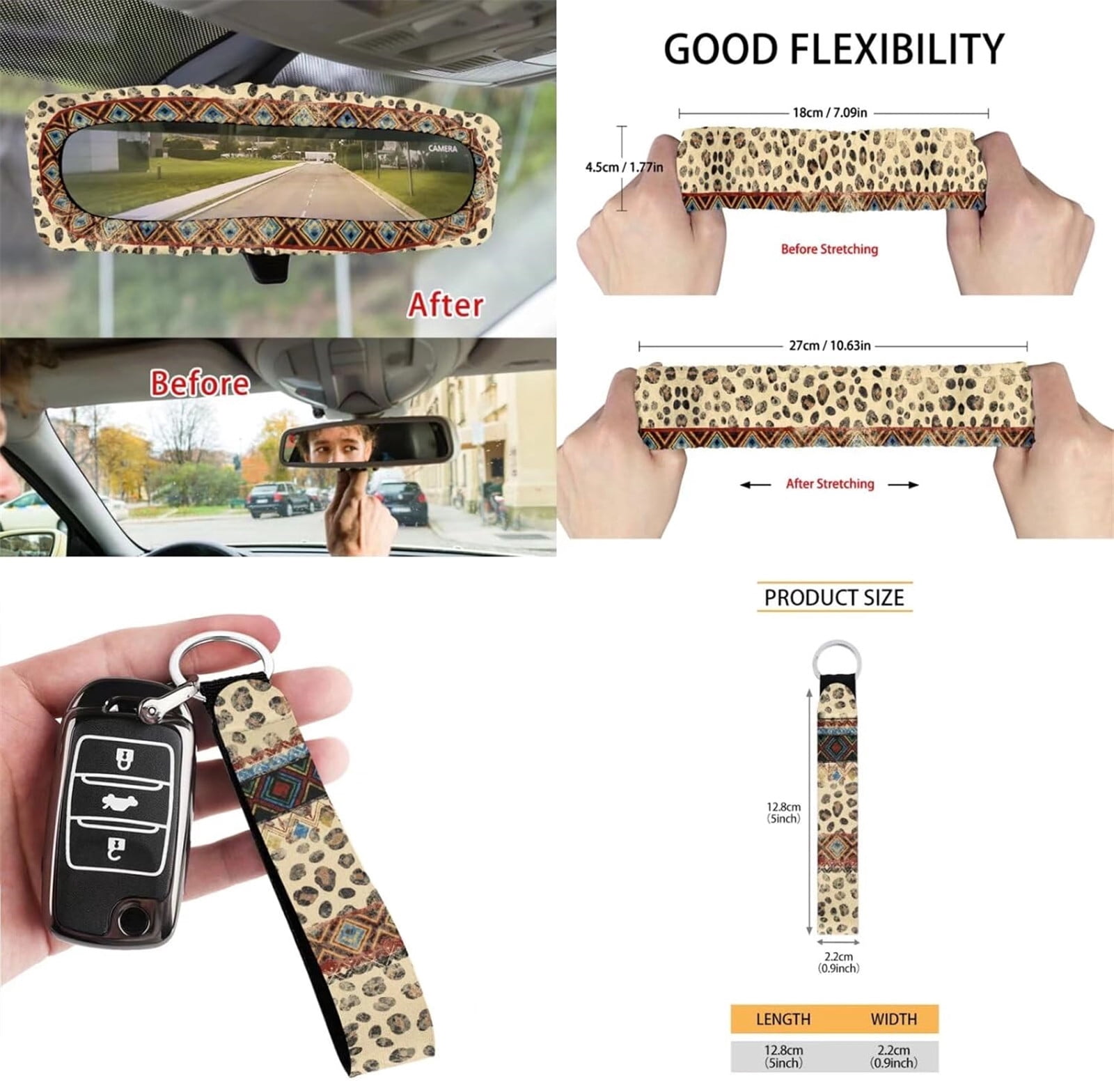 Yuyamidu 12pcs Leopard Print Front Car Seat Cover Set Aztec Ethnic Steering Wheel Cover Seatbelt Pad Armrest Pad Coasters Garbage Can Rear View Mirror Cover Keychain Air Vent Bag Universal Fit