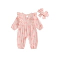 thumbnail image 2 of Gupgi Infant Girl Rompers 0 3 6 9 12 Months Baby Long Sleeve Bow Print Ruffle Jumpsuit Headband, 2 of 9